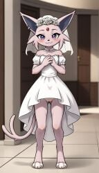 1girls 2024 ai_generated anthro blushing digitigrade ear_piercing eeveelution espeon female female_only generation_2_pokemon hands_together hi_res indoors innie_pussy looking_at_viewer nintendo no_panties pokemon pokemon_(species) purple_eyes pussy smile veil wedding_dress