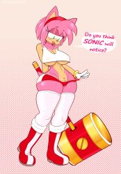 ... ? accessory amy_rose anthro big_breasts blush boots bottomwear bracelet breasts clothing english_text eulipotyphlan exclamation_point female female_only footwear genitals gloves green_eyes hair hair_accessory hairband half-closed_eyes hammer hand_behind_back handwear heart-shaped_pubic_hair hedgehog hi_res jewelry legwear lysergide mammal multicolored_body narrowed_eyes navel nipple_bulge nipple_outline nipples_visible_through_clothing no_bra open_mouth pink_hair pubes puffy_pussy pussy pussy_peek sega shirt shorts solo sonic_(series) sonic_the_hedgehog_(series) speech_bubble tank_top text thick_thighs thigh_highs thigh_squish thighhighs tools topwear two_tone_body underboob wide_hips