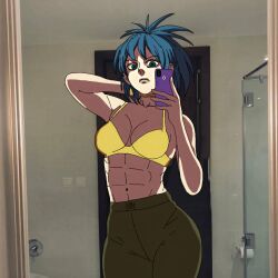 1girls abs bathroom big_ass big_breasts big_lips blue_eyes blue_hair busty earrings female fit fit_female green_eyes king_of_fighters leona_heidern light-skinned_female light_skin long_hair looking_at_viewer mirror thegreatiron tied_hair toned_body toned_stomach wide_hips