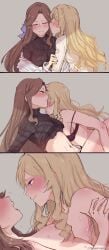 2girls arm_grab bite_mark bite_mark_on_thigh black_bra blonde_hair blue_eyes blush bra bra_strap breasts brown_hair canon_couple color comic completely_nude dreamsynddart drooling ear_blush fingering_partner flustered full-face_blush fully_clothed grey_background half-closed_eyes hand_on_another's_arm hand_on_another's_shoulder heart heart-shaped_pupils highres holding_partner imminent_fingering imminent_sex implied_fingering kiss_mark lighting long_hair looking_at_partner looking_pleasured lying lying_on_back painted_nails pink_nails purple_bra purple_eyes romantic romantic_couple saijou_claudine shirt_lift shoujo_kageki_revue_starlight shoulder_grab sideboob sitting sweat tendou_maya turtleneck undressing wholesome yuri