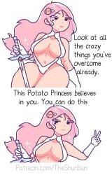 2020s 2023 belly_button boob_window english_text gloves hair_clips heart_symbol holding_weapon large_breasts looking_at_viewer motivational multiple_images one_piece_swimsuit patreon_url peace_sign pink_hair potato princess sparkly_hair sweet_potato_(theshunbun) sword theshunbun thick_thighs white_background white_eyebrows white_gloves