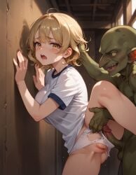 against_wall ai_generated blonde_hair bottomless goblin goblin_male gym_uniform historyia imminent_rape leg_lift original original_character scared short_hair tears torn_clothes torn_panties witch_gem_disaster