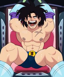 1boy 2023 alternate_version_available black_hair broly broly_(dragon_ball_super) bulge dragon_ball dragon_ball_super male_focus male_only muscular muscular_male one_eye_closed pmarshyy restrained scar sweat tickle_belt