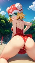 ai_generated all_fours ass_focus beach big_ass bikini blonde_hair booty female forest from_behind harp_note heart helmet looking_at_viewer looking_back mega_man mega_man_star_force pussy red_dress smiling solo thick_thighs