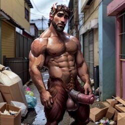 ai_generated alley favela hairy_legs horns horse_penis horsecock male_only man_only pubic_hair satyr trash