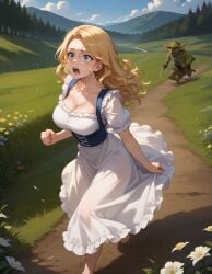 ai_generated blonde_hair cleavage fleeing goblin goblin_male historyia long_hair original original_character outdoors peasant_dress running scared witch_gem_disaster