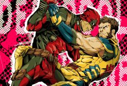 2boys arm_hair bara beard belt biceps bodysuit boner brown_hair bulge deadpool deadpool_&_wolverine_(2024) erection erection_under_clothes facial_hair gay gloves hand_grab hand_on_another's_back large_pectorals light_smile looking_at_another male_focus male_only marvel marvel_cinematic_universe marvel_comics mask mask_lift mature_male multiple_boys muscular muscular_male pectorals red_bodysuit red_mask scar scars_all_over sexual_tension short_hair superhero_costume utility_belt v-shaped_eyebrows veins veiny_arms wolverine_(x-men) x-men yaoi yellow_bodysuit yoshiyuki_(nein69yoshiyuki)