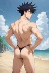 1boy ai_generated another_megumi ass back bangs bara beach black_hair blush caught closed_mouth cloud day embarrassed from_behind fushiguro_megumi hands_on_hips jujutsu_kaisen looking_at_viewer looking_back male_focus male_underwear median_furrow muscular muscular_male ocean outdoors short_hair shy sky solo spiked_hair sweat thighs thong topless_male underwear water wet