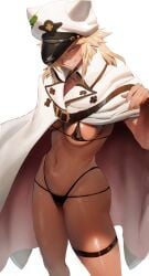 1girls absurdres bikini black_bikini blonde_hair breasts brown_eyes cape cleavage dark-skinned_female dark_skin female grin guilty_gear guilty_gear_strive hat highleg highleg_bikini highres looking_at_viewer medium_breasts medium_hair navel ramlethal_valentine rororo smile solo swimsuit thigh_strap thighs white_cape white_hat