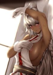 ahoge alternate_breast_size areolae brown_skin deroo fate/grand_order fate_(series) gloves lakshmibai_(fate/grand_order) long_hair military_uniform no_bra on_bed red_eyes sweat white_hair