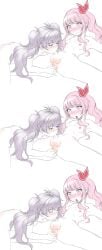 25ji_miku 2girls akiyama_mizuki anal_fingering anal_penetration balls blowjob blue_eyes blush colored comic_strip cum cum_in_mouth deepthroat deepthroat_no_hands erect_nipples eyes_closed female_on_nonbinary finger_in_ass fingering gray_hair hair_ribbon hairbow hatsune_miku heterochromia laying_on_back legs_apart oral pigtails pink_eyes pink_hair ponytail project_sekai purple_eyes small_breasts