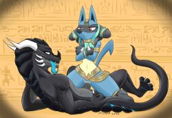 absurd_res anthro bodily_fluids clothed clothing cowgirl_position crossed_arms dragon duo egyptian egyptian_clothing female female_lucario genital_fluids genitals hi_res interspecies looking_down looking_down_at_partner lucario lying male male/female meme mr_fuwa narrowed_eyes nintendo on_back partially_clothed penetration penis poképhilia pokemon pokemon_(species) pussy pussy_juice riding ruins_style_lucario tongue tongue_out vaginal_penetration video_games xero_(captainscales)