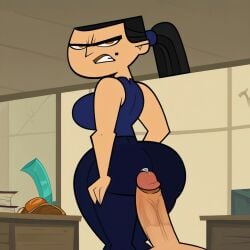 ai_generated ass buttjob clothed eva_(tdi) from_behind glaring glaring_at_viewer looking_at_viewer looking_back partial_male penis penis_on_ass precum total_drama_island