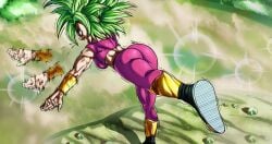 alexanderlibra ass balancing dragon_ball dragon_ball_super dust fully_clothed green_hair kefla muscular standing_on_one_leg tournament_of_power waving_arms