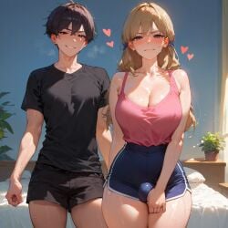 1boy 1futa absurd_res ai_generated amiiari big_breasts bulge detailed dickgirl embarrassed erection_under_clothes futa_is_bigger futa_only futanari gym_shorts hand_over_crotch hiding_erection highres penis shorts thick_thighs