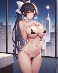 1girls ai_generated apartment ass_visible_through_thighs azur_lane bed bedroom black_hair blush breasts cityscape cleavage covered_nipples female gluteal_fold hair_ribbon hairbow hands_on_breasts hands_on_own_chest heavy_breathing high_ponytail large_breasts long_hair looking_at_viewer micro_bikini navel night notreallyhere orange_eyes ponytail skindentation solo standing takao_(azur_lane) thigh_gap thighs