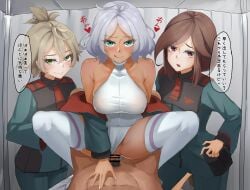 1boy 3girls abs absurdres asticassia_school_uniform bar_censor bare_hips bare_shoulders blonde_hair blush breasts brown_hair censored clothed_sex collarbone commentary cowgirl_position cowgirl_position crossed_bangs dark-skinned_female dark_skin felsi_rollo female green_eyes green_jacket gundam gundam_suisei_no_majo highres jacket large_breasts long_hair long_sleeves looking_at_viewer male_pubic_hair multiple_girls necktie off_shoulder open_mouth penis petra_itta pubic_hair red_eyes red_necktie sanso_(oxygen) school_uniform secelia_dote sex shirt short_hair skindentation sleeveless smile spread_legs straddling straight sweat swept_bangs thighhighs thighs translation_request vaginal_penetration white_hair yellow_eyes