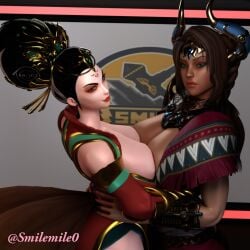 2girls asian_mythology big_breasts black_hair brown_hair chinese_mythology da_ji_(smite) dark-skinned_female dark_skin exposed_breasts female female_only goddess hi-rez_studios huge_breasts ishtar_(smite) light-skinned_female light_skin looking_at_viewer mesopotamian_mythology middle_eastern_mythology mythology partially_clothed smilemile0 smite solo symmetrical_docking wide_hips