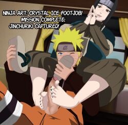 2boys ashikoki barefoot between_toes black_hair blonde_hair blue_eyes blush breasts clothing ejaculation english_text erection feet femboy foot_fetish forehead_protector haku_(naruto) headwear male nail_polish naruto naruto_shippuden one_eye_closed oral penis semen shoes single_shoe sitting soles stealth_sex tekoki text toenail_polish toenails toes trap two-footed_footjob uzumaki_naruto yaoi