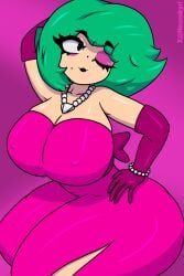 1girls black_lipstick brawl_stars female green_hair huge_ass huge_breasts jpeg lola_(brawl_stars) looking_up posing purple_background purple_dress short_hair sitting solo thick_thighs