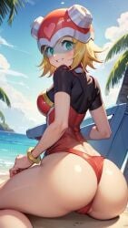 ai_generated beach big_ass bikini_bottom black_shirt blonde_hair breasts female from_behind green_eyes harp_note heart helmet mega_man mega_man_star_force pussy red_dress sea sitting_on_floor smiling_at_viewer solo thick_thighs