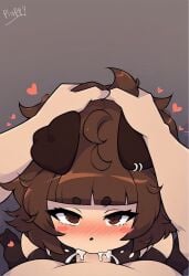 ai_generated blowjob blush blush brown_eyes brown_hair cum cum_drip cum_in_mouth dog_ears dog_girl dog_tail hand_on_head mimi_(typh) typh