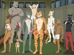 5_toes abs absurd_res anthro antlers arms_by_side ass balls barefoot bear beastars belly big_balls big_penis bill_(beastars) bird_dog black_body black_stripes blue_body bottomwear bovid boxers_(clothing) boxers_only brown_body canid canine canis caprine cel_shading changing_room clothed clothing clothing_lift comparing comparing_penis comparison crossed_arms deer domestic_dog dressing_room erection feet felid feline_tail fennec_fox flaccid floppy_ears fluffy fluffy_tail foreskin fox front_view fur genitals glans golden_retriever grey_body grin group hand_behind_neck hands_behind_head herpestid hi_res horn humanoid_genitalia humanoid_penis hunting_dog inside jack_(beastars) kai_(beastars) kemono legoshi_(beastars) locker_bench locker_room looking_at_another looking_at_genitalia looking_at_penis looking_down louis_(beastars) male mammal mongoose muscular muscular_male nails netflix nude orange_body pantherine pants penis penis_size_difference plantigrade rear_view red_bottomwear red_clothing red_pants retracted_foreskin retriever riz_(beastars) scut_tail shaded sheep shirt shirt_lift short_tail siberian_tiger size_difference slim_male smile standing striped_body striped_fur stripes tail tan_belly tao_(beastars) teeth tem_(beastars) tiger toes tommysamash topless topwear towel towel_on_shoulder true_fox underwear underwear_only undressing vein veiny_penis voss_(beastars) whiskers white_body white_boxers white_clothing white_underwear wolf wool_(fur) yellow_body