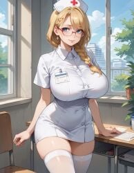 ai_generated blonde_female blonde_hair braid curvaceous curvy glasses historyia miniskirt nurse nurse_cap nurse_uniform original original_character smile standing thighhighs window witch_gem_disaster