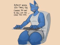 absurd_res anthro bat big_bulge blue_body blue_fur bottomwear bulge chair clothing computer_desk computer_mouse detailed_bulge dialogue electronics english_text fangs fur furniture gin_(twitchyanimation) headphones hi_res keyboard male mammal office_chair shorts smile solo talidrawing teeth text