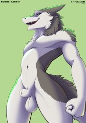 absurd_res animal_genitalia anthro balls fully_sheathed fur genitals grey_body grey_fur hi_res looking_at_viewer looking_down looking_down_at_viewer male multicolored_body multicolored_fur navel nude roguebarret sergal sheath shiuk smile solo two_tone_body two_tone_fur white_body white_fur