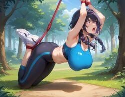 ai_generated arms_up ass bondage bound hanging_breasts historyia leggings original original_character outdoors sports_bra yoga_pants