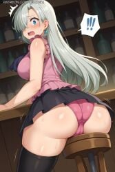 ! !! ai_generated ass bar_\(place\) black_skirt black_thighhighs blue_eyes blush breasts cameltoe earrings elizabeth_liones female grey_hair hair_over_one_eye jewelry large_breasts long_hair looking_at_viewer looking_back nanatsu_no_taizai open_mouth panties pink_panties pink_shirt seven_deadly_sins shirt skirt solo stool surprised thighhighs thighs underwear