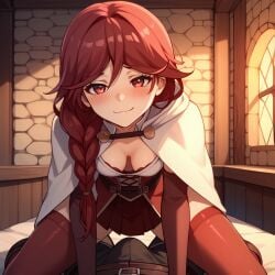 1boy 1boy1girl 1girls :3 ai_generated aroused assertive_female background blush braid breasts bulge bulge_through_clothing cape cleavage clothed clothed_female clothing cowgirl_position dominant_female down_blouse female female_focus hai_to_gensou_no_grimgar light-skinned_female light_skin long_hair long_sleeves looking_at_viewer medium_breasts on_top red_eyes red_hair skirt small_breasts smug smug_face solo_focus squatting straddling yume_(grimgar)