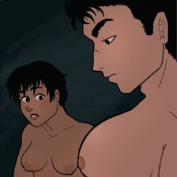 berserk breasts casca girl_staring_at_guy's_chest guts_(berserk) male/female man_boobs manboobs meme nude skate_louis staring