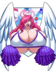 abstract_background angel big_breasts big_butt breast_grab breastplay breasts bursting_breasts cheerleader cheerleader_uniform halo huge_breasts jenna massive_breasts naked_female omnierasis pink_eyes pink_hair