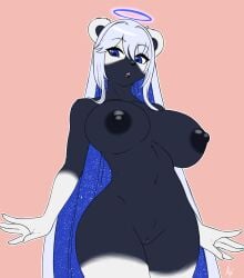 anthro areola big_breasts black_body black_fur blue_eyes breasts female first_person_view fur furball genitals halo hi_res huge_breasts looking_down low-angle_view mammal mephit mephitid nipples pussy skunk solo white_body white_fur