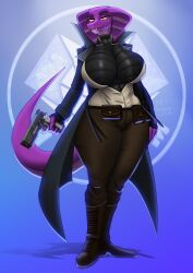 absurd_res anthro artdemonslair ass big_ass big_breasts breasts cloak clothed clothed_anthro clothed_intersex clothing cobra curvy_anthro curvy_female curvy_figure digital_media_(artwork) evil evil_smile female gun hi_res huge_ass huge_breasts larger_female looking_at_viewer purple_body ranged_weapon reptile scalie simple_background smile snake snake_girl snake_hood snake_humanoid snake_tail solo standing suit tail taller_female taller_girl thick_thighs tight_clothing weapon wide_hips yellow_eyes zmeyuka_dh_(character)