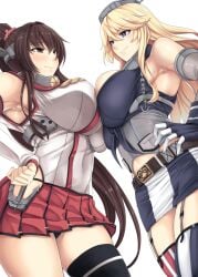 2girls anchor black_trim blonde_hair blue_eyes blush breast_contest breast_press breasts brown_hair catfight cherry_blossoms clothing_cutout confrontation detached_sleeves embarrassed female female_only fingerless_gloves flower gloves hair_flower hair_ornament headgear highres iowa_(kantai_collection) kantai_collection kinntarou large_breasts long_hair miniskirt multiple_girls pleated_skirt ponytail red_skirt rivalry shoulder_cutout side_cutout skirt smile staredown symmetrical_docking thighhighs white_background yamato_(kantai_collection)