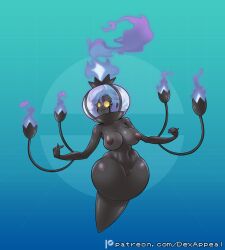 black_body black_skin breasts breasts chandelure dex_appeal fire fire_hair flame flames flaming_hair floating gen_5_pokemon ghost ghost_girl glass glowing_eyes legless naked naked_female navel nintendo nipples nude nude_female pokemon pokemon_(species) pokemorph purple_fire purple_hair pussy wide_hips yellow_eyes