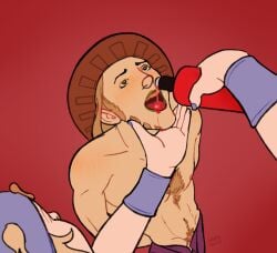 chest_hair drinking drunk gyro_zeppeli holding_face johnny_joestar jojo&#039;s_bizarre_adventure liquid looking_pleasured male_focus open_clothing open_mouth open_mouth pouring_onto_another shirtless skate_louis steel_ball_run tongue_out