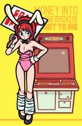 1girls arcade arcade_machine moga_factory nipples red_hair sign