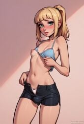 1futa ai_generated aqua_eyes blonde_hair blonde_hair blush blush bra bulge bulge_through_clothing embarrassed femboy feminine_male futa_only futanari girly midriff navel panties petite ribbon ribbons shorts sissy small_breasts trap undressing verybadboye