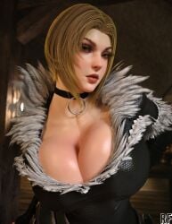 1girls 3d benedikta_harman big_breasts black_cat_(cosplay) blonde_hair cosplay final_fantasy_xvi huge_breasts marvel marvel_comics rude_frog