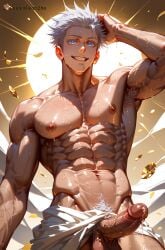 abs ai_generated armpit_hair armpits bara blue_eyes chest_hair cowboy_shot erection goldenfieldszho gree1boy grin hand_on_own_head jujutsu_kaisen large_pectorals looking_at_viewer male_focus male_only male_pubic_hair muscular muscular_male navel nipples nude pectorals penis precum pubic_hair satoru_gojo short_hair smile solo sweat teeth testicles thighs towel uncensored veins veiny_penis white_hair