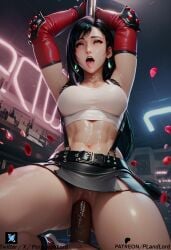 ai_generated black_hair dark-skinned_male final_fantasy final_fantasy_vii gloves pornlandlord skirt tank_top tifa_lockhart tifa_lockhart_(cosplay) white_topwear