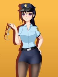 cant1ndausername female female_only fully_clothed handcuffs miniskirt pantyhose police police_uniform policewoman purple_eyes simple_background skirt