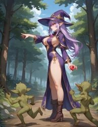 ai_generated cleavage cleavage_dress elf elf_ears heart-shaped_gem historyia original original_character pointy_ears purple_dress purple_eyes purple_hair thigh_slit witch witch_gem_disaster witch_hat