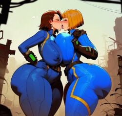 2girls ai_generated big_ass big_breasts bodysuit breast_press breasts_to_breasts erect_nipples fallout female female_only french_kiss huge_ass huge_breasts kissing mamaguevin milf tight_clothing vault_suit yuri