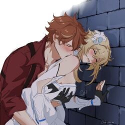 1boy 1girls against_wall blonde_female blonde_hair blush childe_(genshin_impact) closed_eyes cupping_breasts female flower_in_hair genshin_impact ginger gloves holding_breast hugging_from_behind kiss_on_back licking_shoulder lumine_(genshin_impact) male male/female shoulder_kiss straight tartaglia_(genshin_impact)