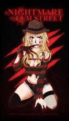 bangs belly belly_button bishoujo_terror blonde_hair blood bra bra_visible_through_clothes claws cleavage clothed clothing exposed_bra fedora fishnet_legwear fishnet_stockings fishnets freddy_krueger genderswap_(mtf) gloves green_eyes hair hat jean_shorts long_hair midriff navel rule_63 sharp_fingernails shorts sweater thigh_highs thighhighs thighs torn_clothes torn_clothing